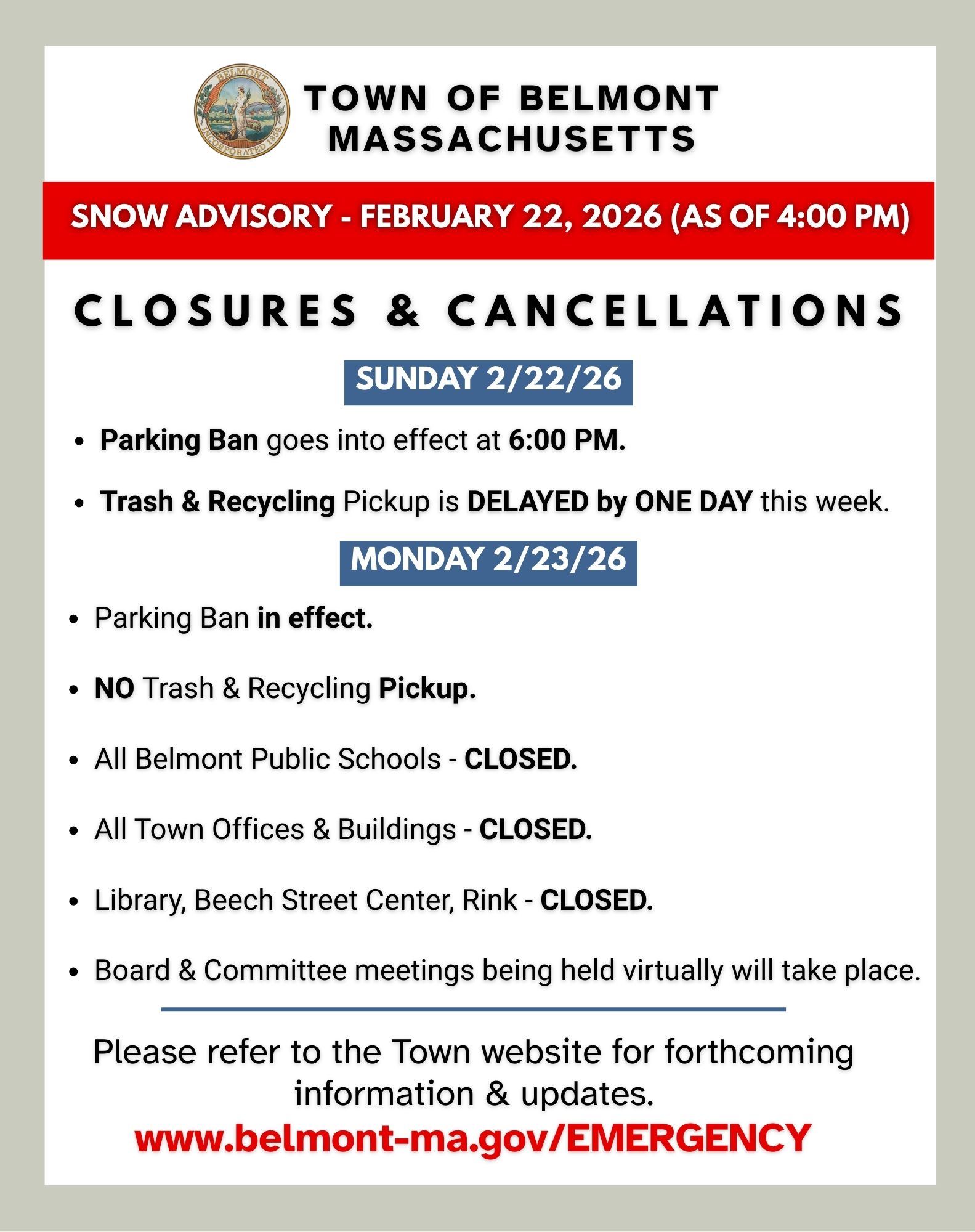 Feb 2026 Belmont MA Closures and Cancellations Flyer