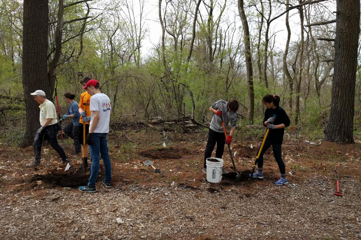 Two volunteers team up to dig a hole. 