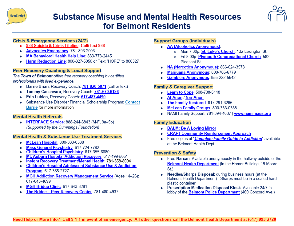 Substance Misuse and Mental Health Resources  for Belmont Residents