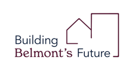Logo - Building Belmont's Future, with outline of a house and a several-story building