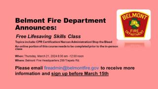 Belmont Fire Department Announces: Free Lifesaving Skills Class