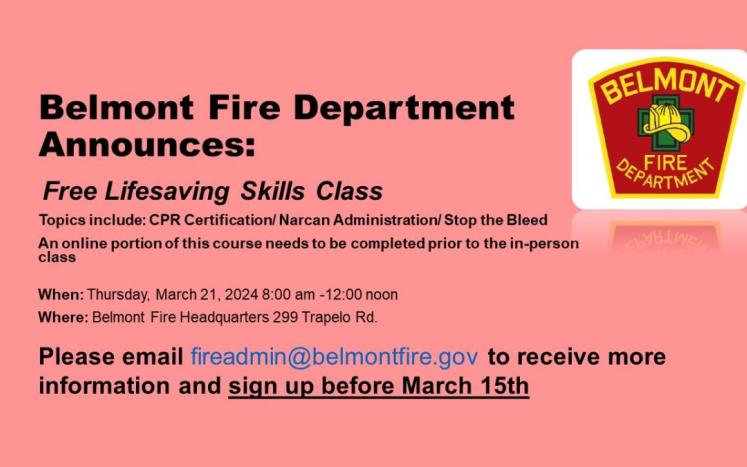 Belmont Fire Department Announces: Free Lifesaving Skills Class