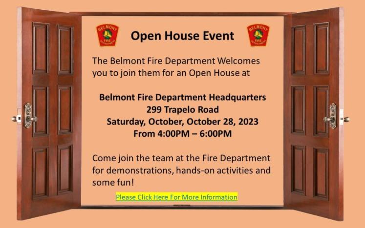 Belmont Fire Department Open House Saturday, October 28th 4PM-6PM