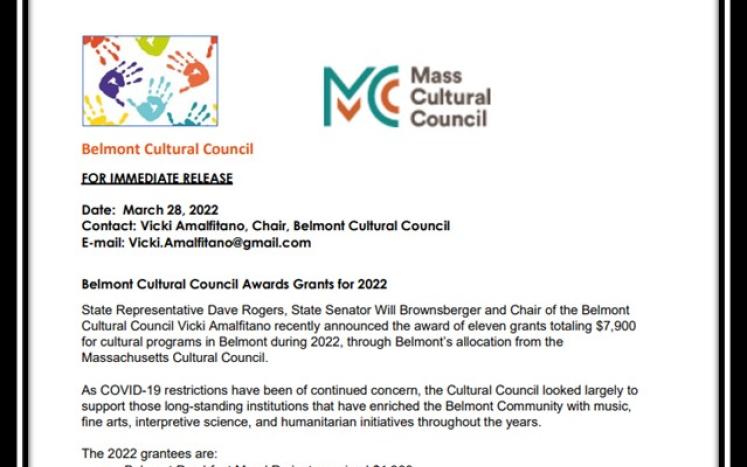 Belmont Cultural Council Awards Grants for 2022