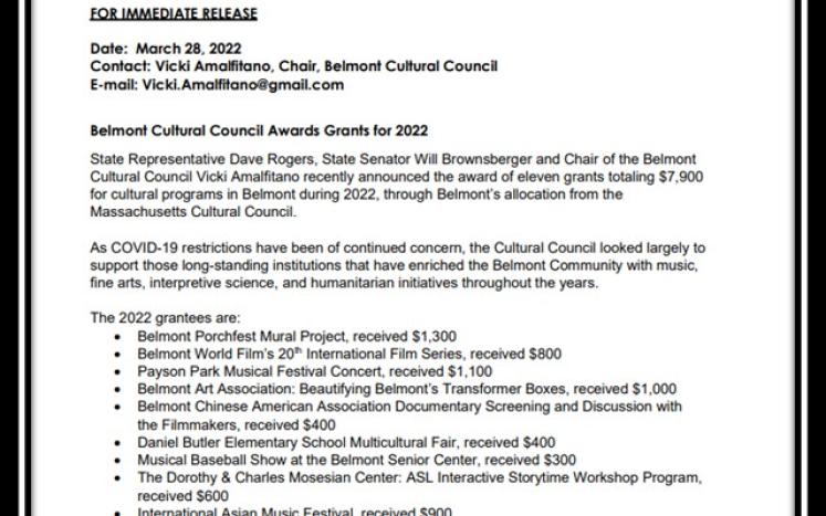 Belmont Cultural Council Awards Grants for 2022